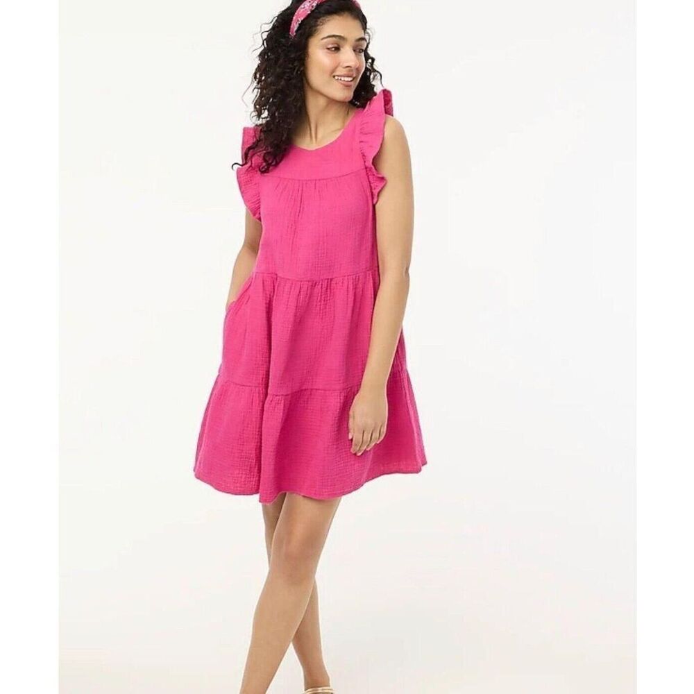 J Crew Pink Gauze Tiered Mini Dress Ruffle Flutter Sleeve Size 2 New